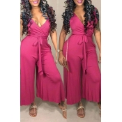 Lovely Casual Lace-up Rose Red One-piece Jumpsuit