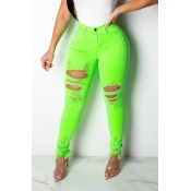 Lovely Trendy Broken Holes Green Jeans