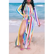 Lovely Striped Print Multicolor One-piece Swimsuit