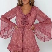 Lovely Chic Flounce Print Dark Pink  One-piece Rom