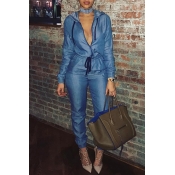 Lovely Leisure Drawstring Blue One-piece Jumpsuit