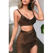 Lovely Casual Button Design Gold Two-piece Skirt S