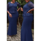 Lovely Casual Patchwork Dark Blue Maxi Trumpet Mer