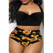Lovely Print Black Plus Size Two-piece Swimsuit