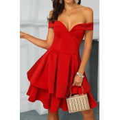 Lovely Party Flounce Design Red Knee Length Dress