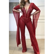 Lovely Trendy Deep V Neck Wine Red One-piece Jumps