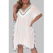 Lovely Chic Hollow-out White Plus Size Beach Dress