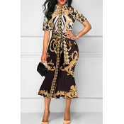 Lovely Leisure Print Yellow Mid Calf Dress