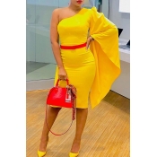 Lovely Sweet One Shoulder Yellow Knee Length Dress