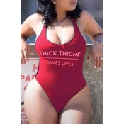 Lovely Plus Size Letter Print Wine Red One-piece S