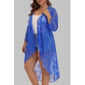 Lovely Casual See-through Blue Plus Size Cover-up