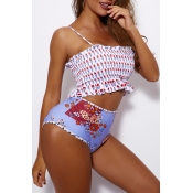 Lovely Off The Shoulder Printed High Waist Blue Tw