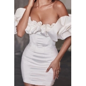 Lovely Sweet Dew Shoulder Flounce White Mini Dress