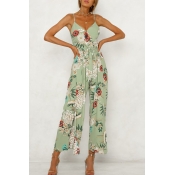 Lovely Chic Print Loose Deep Green One-piece Jumps