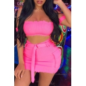 Lovely Chic Dew Shoulder Pink Two-piece Skirt Set