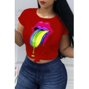 LW Leisure Lip Print Purplish Red T-shirt