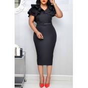 Lovely Sweet V Neck Flounce Black Knee Length Dres