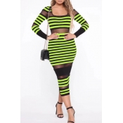 Lovely Casual Patchwork Striped Green Ankle Length