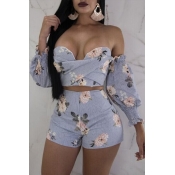 Lovely Sweet Dew Shoulder Baby Blue Two-piece Shor