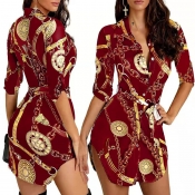 Lovely Casual Turndown Collar Print Wine Red Mini 