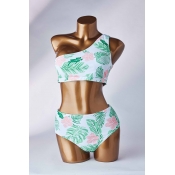 Lovely One Shoulder Print Green Two-piece Swimsuit