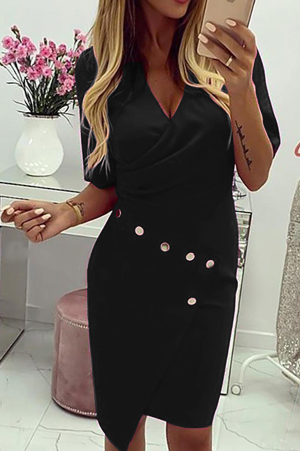 

Lovely Work V Neck Button Black Mini Dress