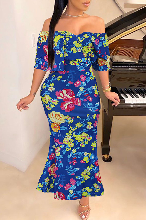 

Lovely Bohemian Print Skinny Blue Maxi Dress