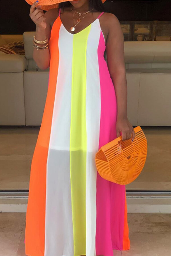 

Lovely Bohemian Patchwork Multicolot Ankle Length Dress, Multicolor stripe
