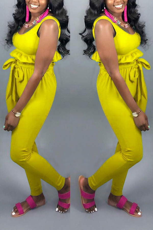 

Lovely Casual Flounce Yellow Two-piece Pants Set