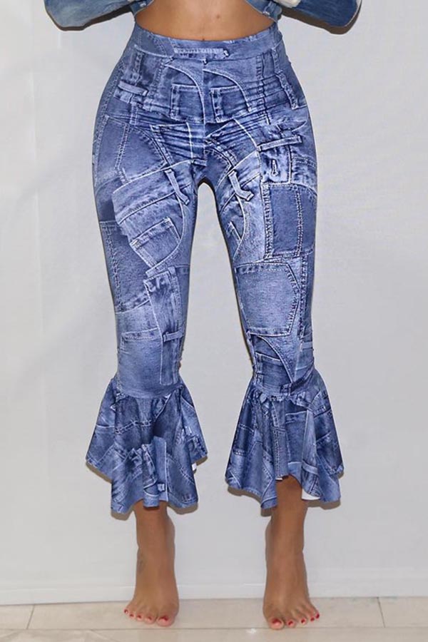 

Lovely Casual Print Flounce Blue Pants