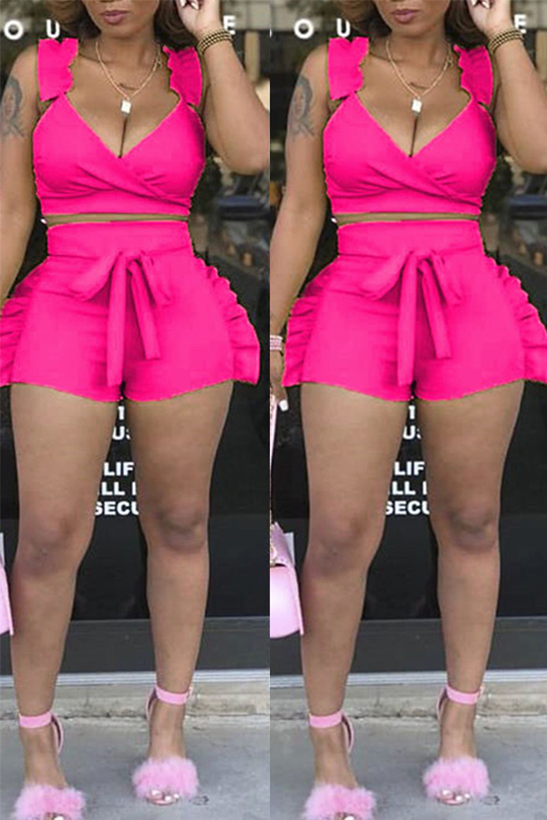 

LW Casual Flounce Rose Red Two-piece Shorts Set