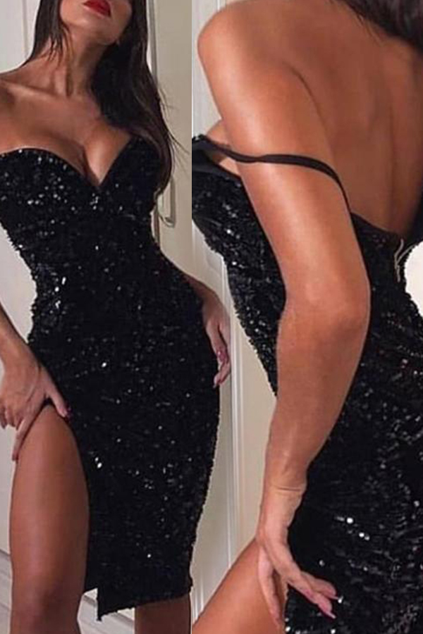 

Lovely Party Side Slit Black Knee Length Prom Dress