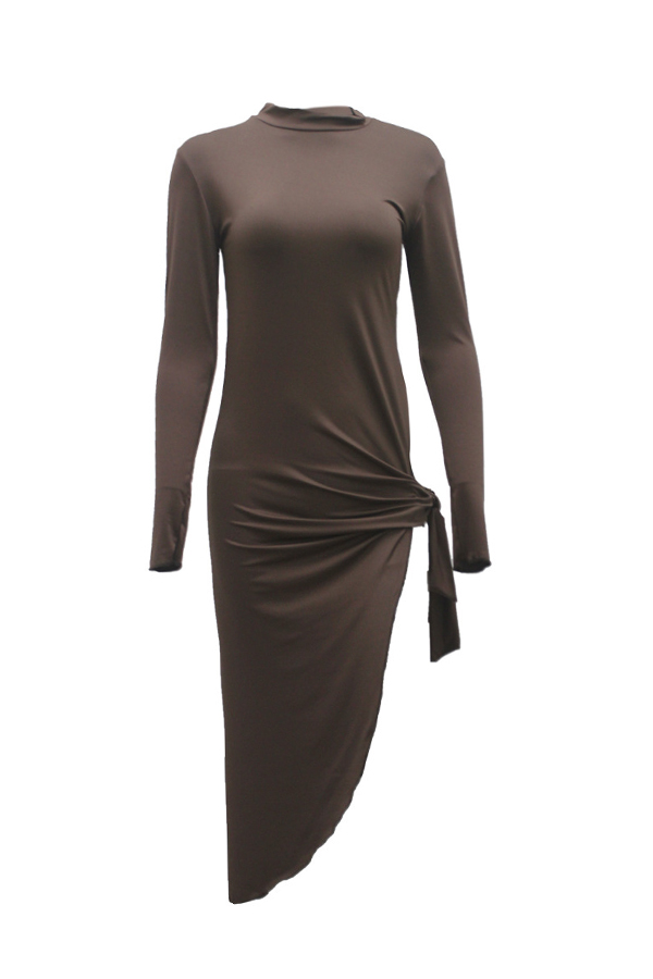 Lovely Casual O Neck Knot Design Coffee Mid Calf  Dress от Lovelywholesale WW