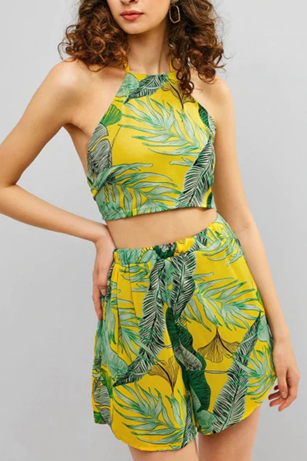 

Lovely Bohemian Print Yellow Two-piece Shorts Set