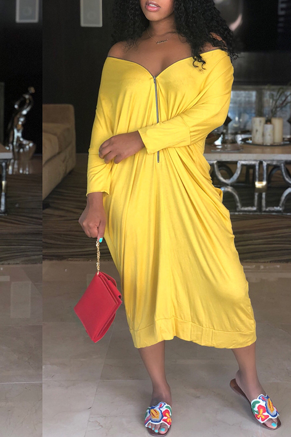 

Lovely Casual Zipper Design Yellow Dress