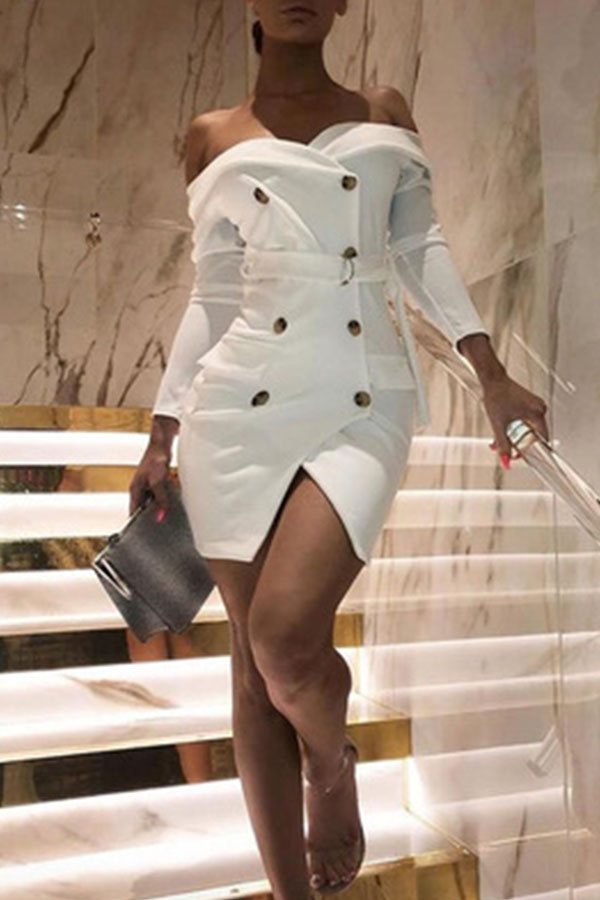 

Lovely Work Button Design White Mini Dress