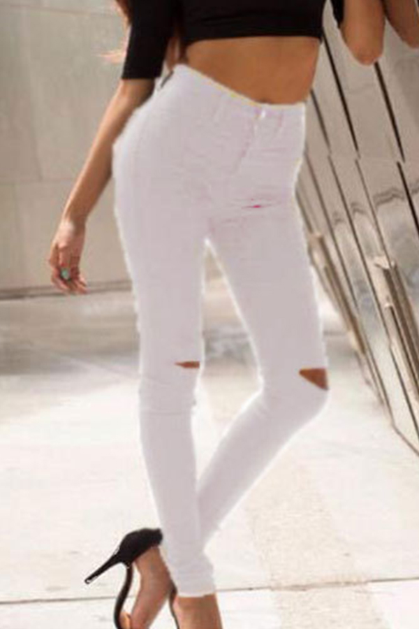 

Lovely Casual Broken Hole White Pants