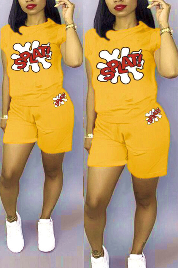 

Lovely Casual Letter Print Yellow Two-piece Shorts Set