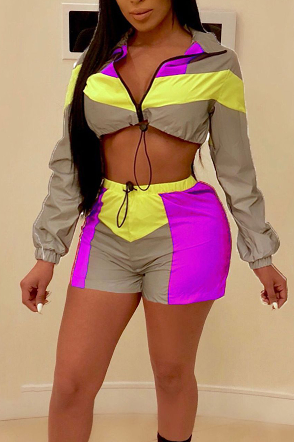 

Lovely Casual Patchwork Purple Two-piece Shorts Set
