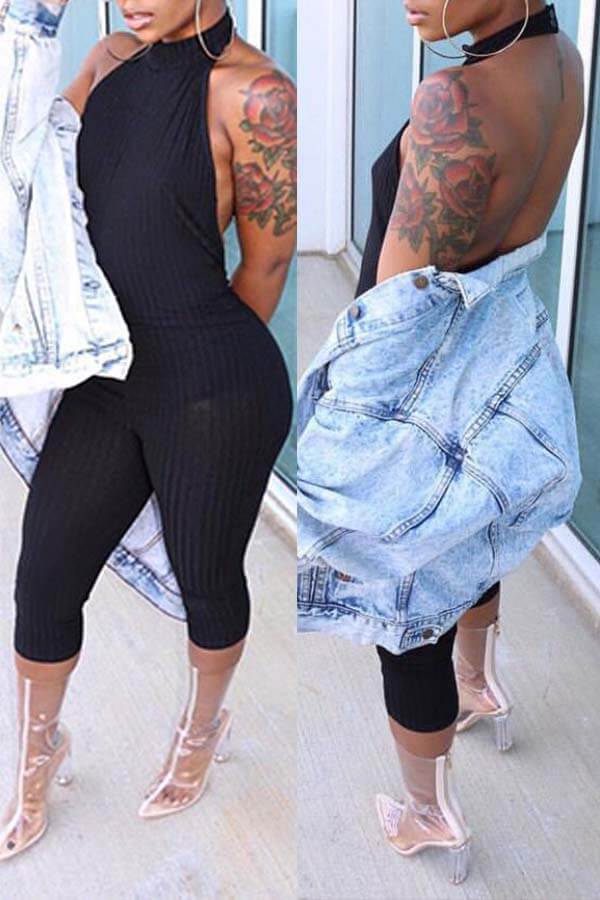 

Lovely Chic V Neck Skinny Black One-piece Romper