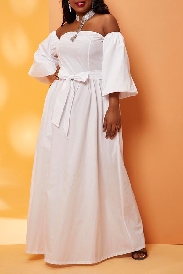 

Lovely Casual Dew Shoulder White Ankle Length Plus Size Dress