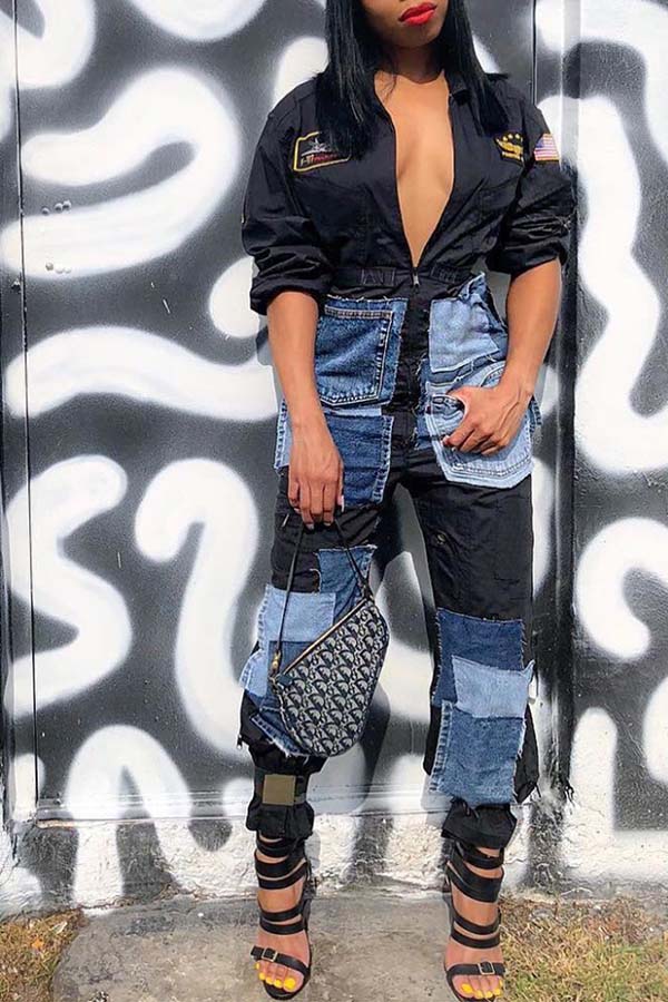 

Lovely Street Patchwork Black One-piece Jumpsuit