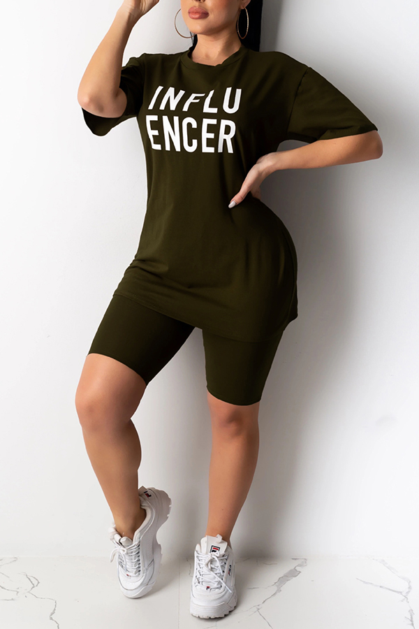 

Lovely Casual Letter Print Blackish Green Two-piece Shorts Set, Black green