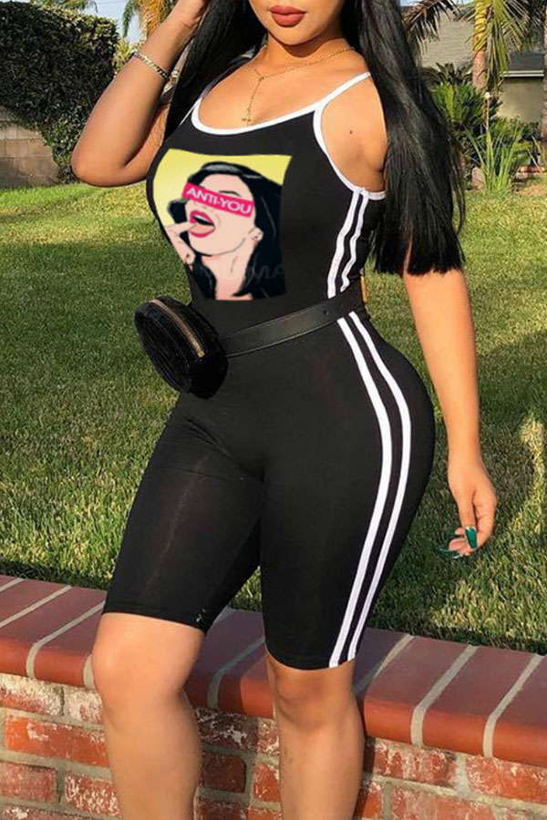 

Lovely Casual Print Black One-piece Romper