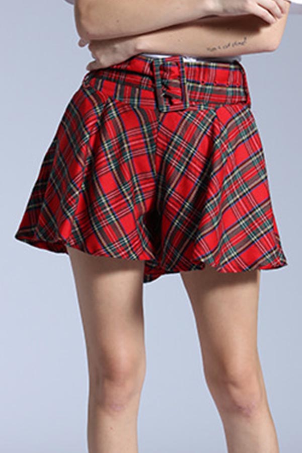 

Lovely Chic Plaid Print Wine Red Skirt