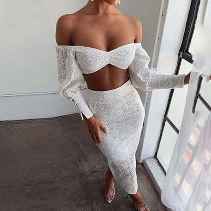 

Lovely Sexy Dew Shoulder Crop Top White Two-piece Skirt Set