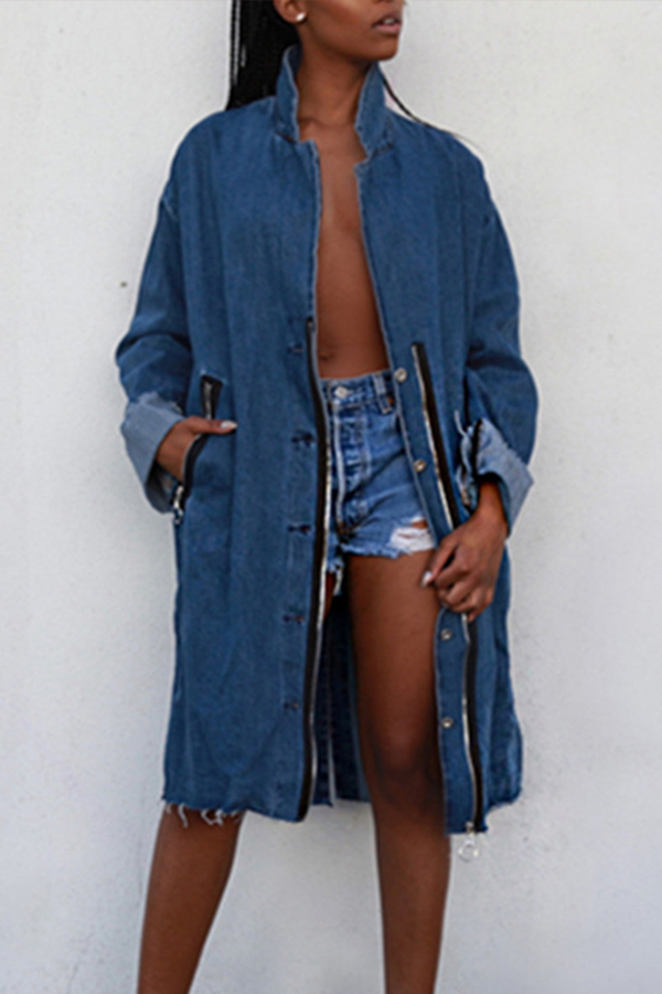 

Lovely Trendy Zipper Design Blue Jacket