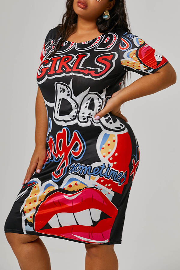 

Lovely Casual Print Black Knee Length Plus Size Dress
