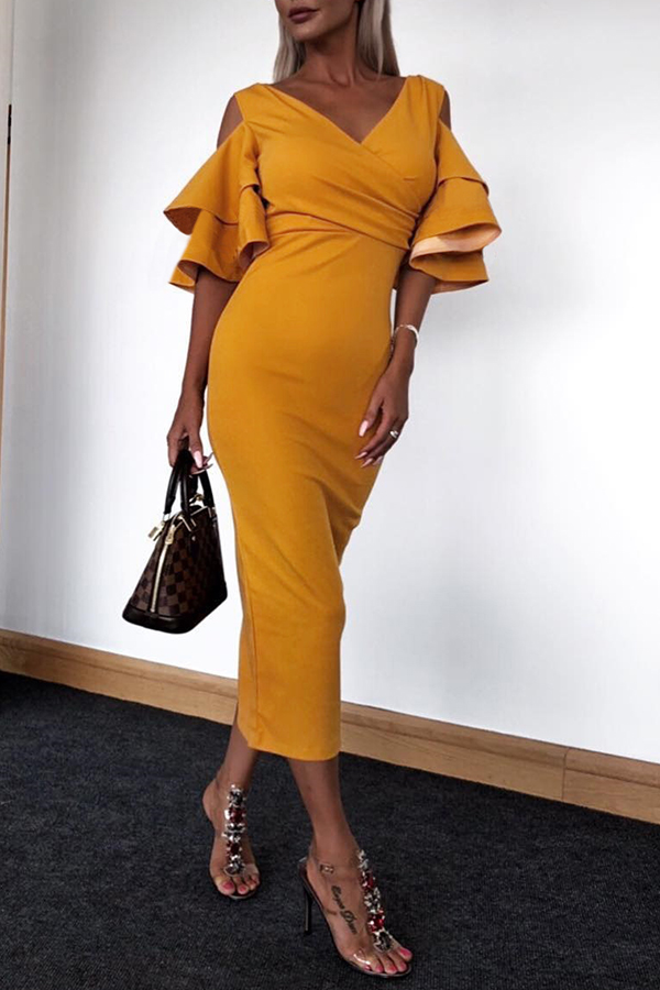 

Lovely Sweet V Neck Flounce Yellow Mid Calf Dress