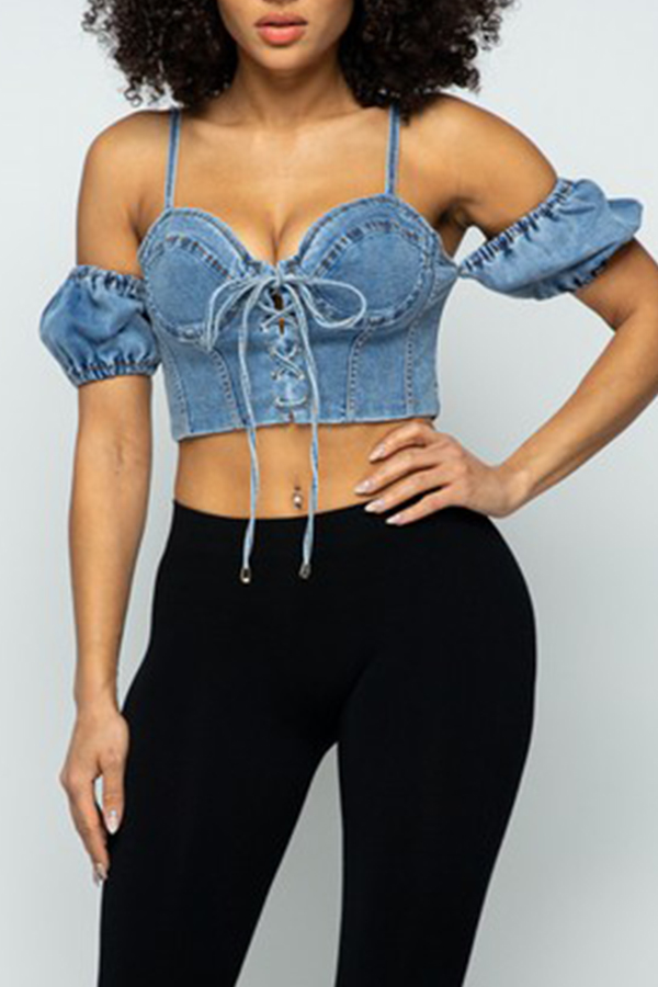 

Lovely Chic Lace-up Blue Blouse